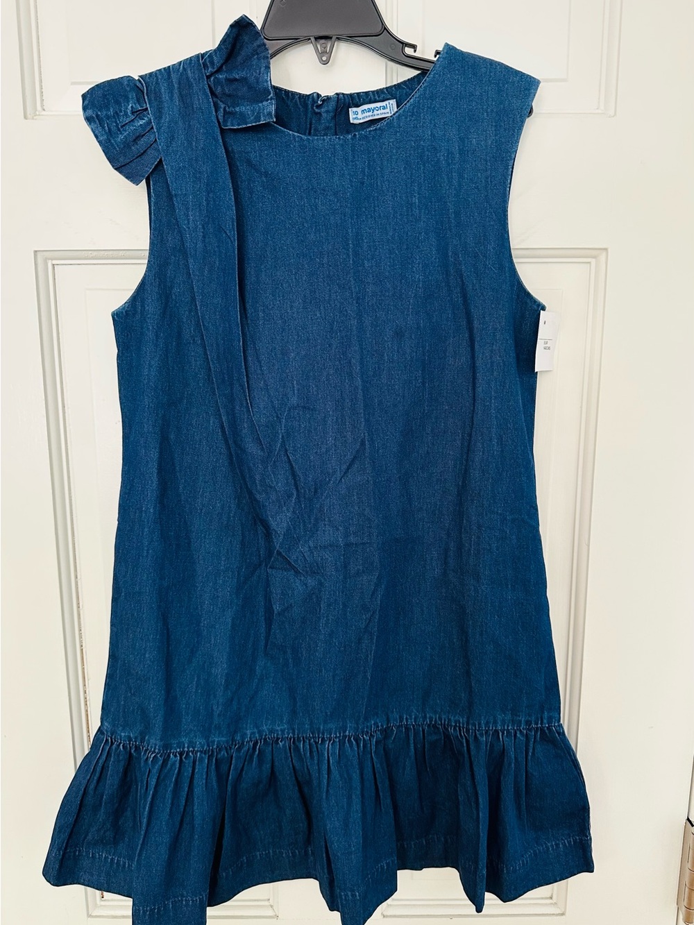Mayoral Navy Denim Ruffle-Hem Sleeveless Dress with Shoulder Tie